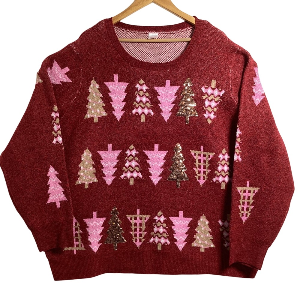 Holiday Time Womens 3X Christmas Sweater Red Pink Sequin Tree Holiday